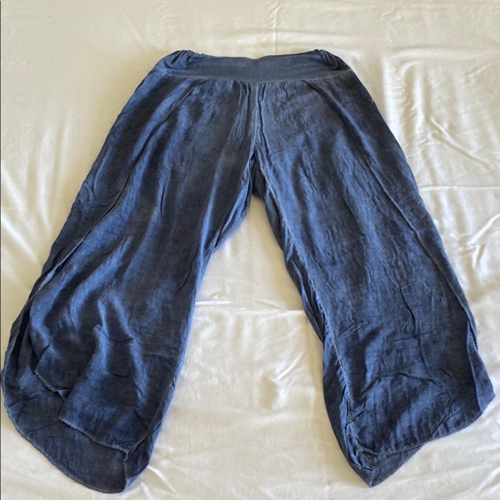 Wide Leg Linen-Blend Pants in Navy